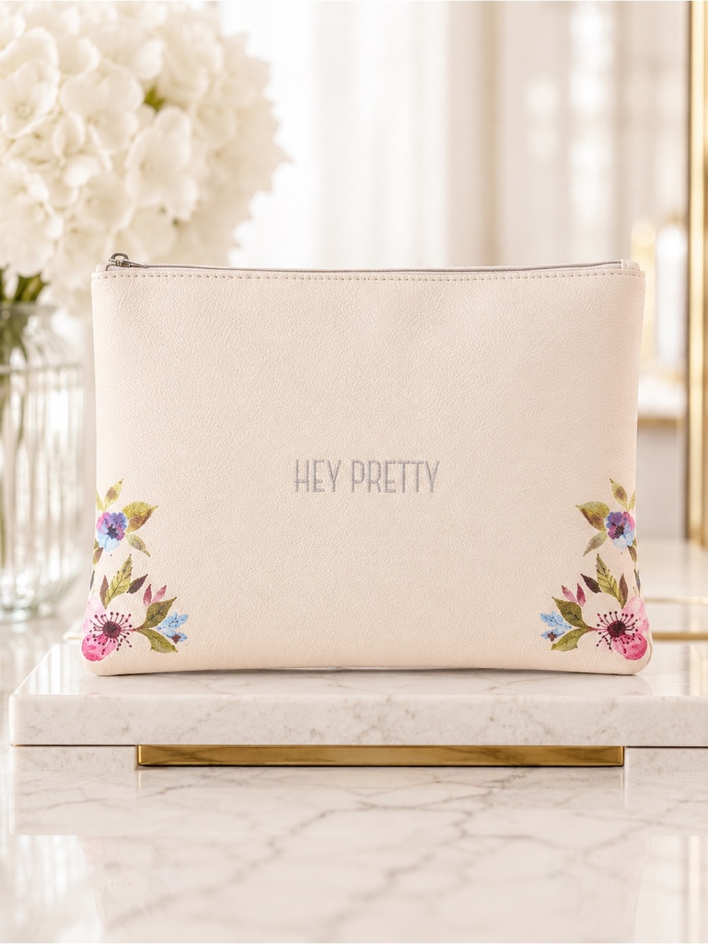LC Lauren Conrad Hey Pretty Floral Cosmetic Bag Ivory Travel Pouch NWT